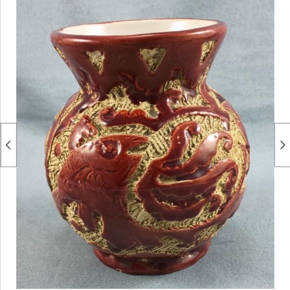 Vintage MCM Mid-century Red Italian Sgraffito Pottery Vase Fish 5" tall - Picture 3 of 10